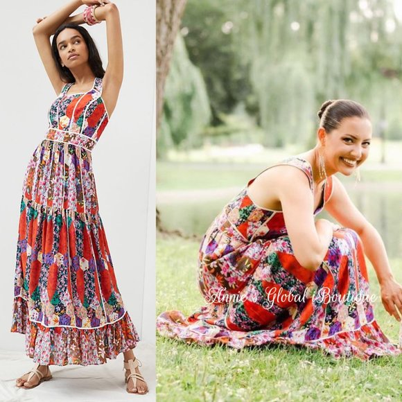 RARE NWT ANTHROPOLOGIE BHANUNI By JYOTI Square Neck Bohemian Maxi Dress. - Picture 8 of 16